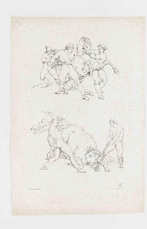 Cheval arrêté par trois hommes/hommes abattant un taureau, Alexandre Marie Colin, 19e siècle