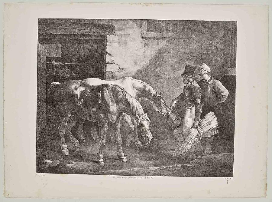 Suite dite Les Grands Chevaux : Deux chevaux de poste à la porte d'une écurie, Joseph Simon Volmar, 1822