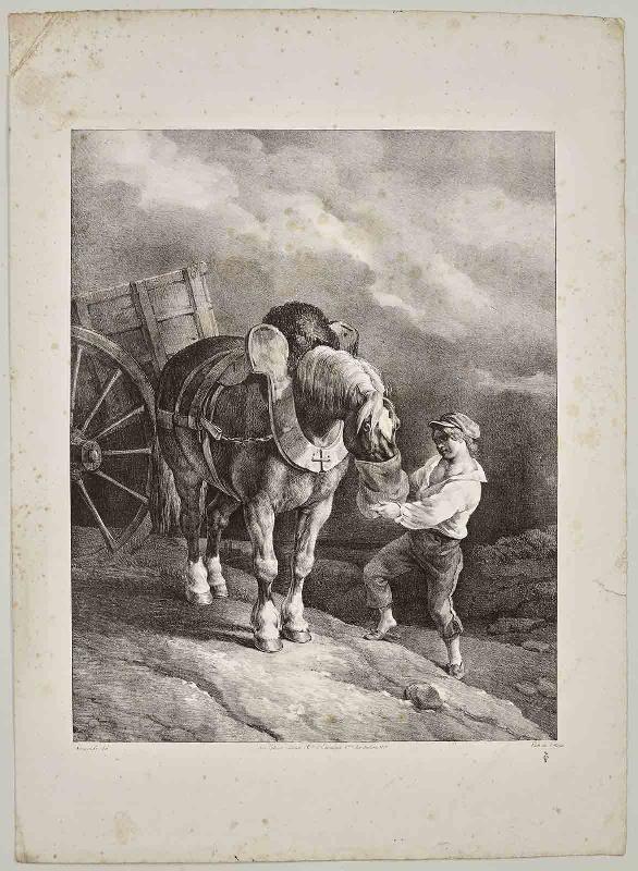 Suite dite Les Grands Chevaux : Garçon donnant de l'avoine à un cheval dételé, Joseph Simon Volmar, 1822