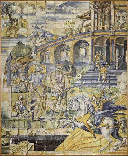 Tableau de carreaux de faïence émaillée : Marcus Curtius se précipitant dans le gouffre du forum pour apaiser la colère des dieux_0