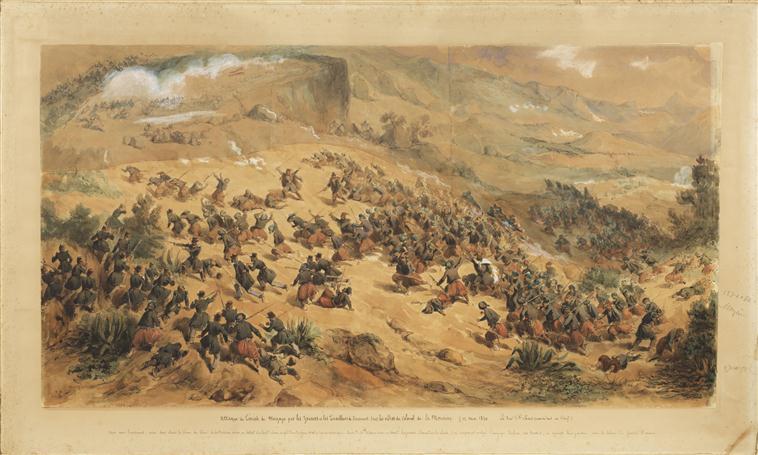Prise du Teniah de Mouzaïa le 12 mai 1840 par les zouaves et les tirailleurs de Vincennes sous les ordres du colonel de La Moricière, le duc d'Orléans commandant en chef, Hippolyte Bellange, 2e quart 19e siècle, 3e quart 19e siècle