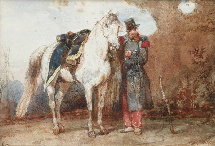 Baba-Ali, cheval du duc d'Aumale en Algérie, tenu par la bride par un soldat français, avec le chiffre 17 du 17e Léger sur le tapis de selle, Эжен Луи Лами