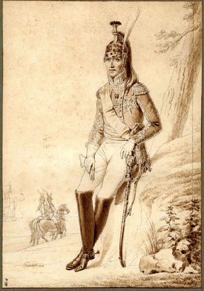 Le roi Charles X, en pied, assis sur un tertre, en uniforme de colonel général de la Garde royale (Dragons), Jean-Baptiste Isabey, 1ère moitié 19e siècle