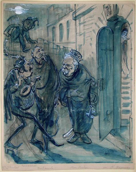 Caricature politique représentant Le maréchal de Mac Mahon duc de Magenta (1808-1893) ouvrant les portes de la République française aux trois prétendants monarchistes : Henri comte de Chambord (1820-1883), Henri d'Orléans, duc d'Aumale (1822-1897), et le Prince Impérial (1856-1879)._0