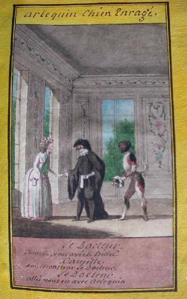 Almanach de 1758 ; Proverbes dramatiques Recueil factice de 103 dessins illustrant le premier tome des Proverbes dramatiques : Arlequin chien enragé_0