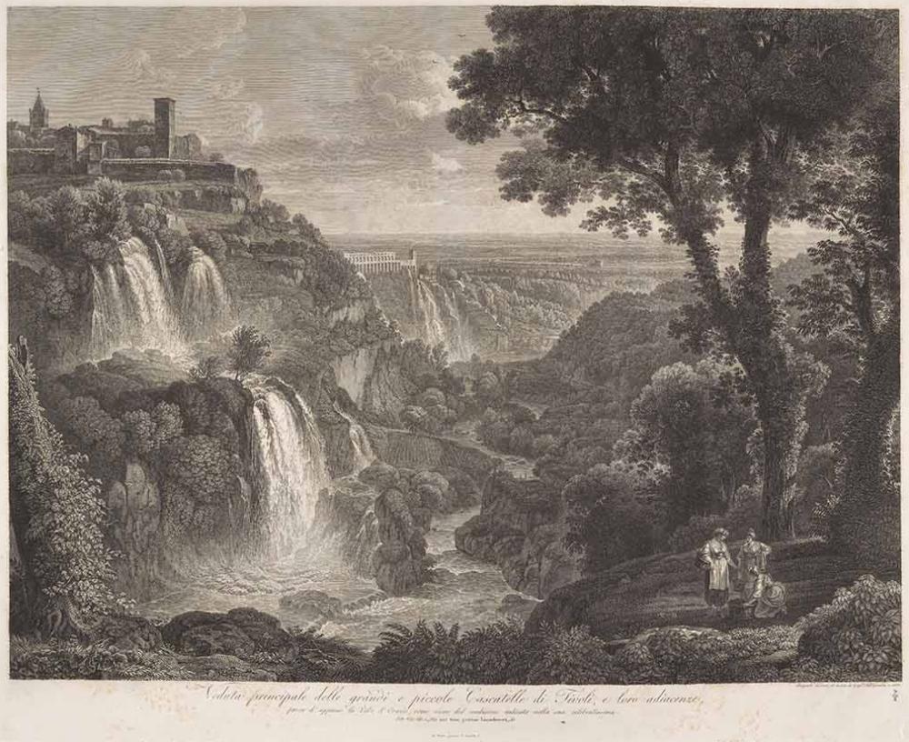 Veduta principale delle grandi e piccole Cascatelli di Tivoli, e loro adiacenze, / ... / Od. VII. lib. I 'Me nec tam patiens Lacaedemon...&c ..., Friedrich Wilhelm Gmelin, 1808