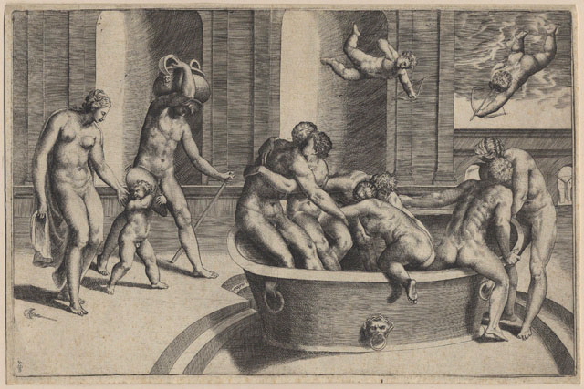 Hommes et femmes au bain, Giulio Bonasone, 16e siècle
