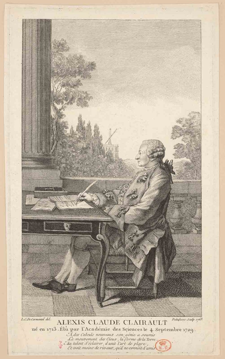 ALEXIS CLAUDE CLAIRAULT / né en 1713. Élû par l’Académie des Sciences le 4 . Septembre 1729. ; Recueil de 27 gravures par ou d’après CARMONTELLE en taille-douce rassemblées dans un portefeuille en maroquin rouge estampée à chaud et à froid d’un décor de roulettes, aux armes des Orléans ; étiquette collée au contre-plat supérieur : Ex-libris A. Bérard n° 276., Jean Baptiste Delafosse, 1763