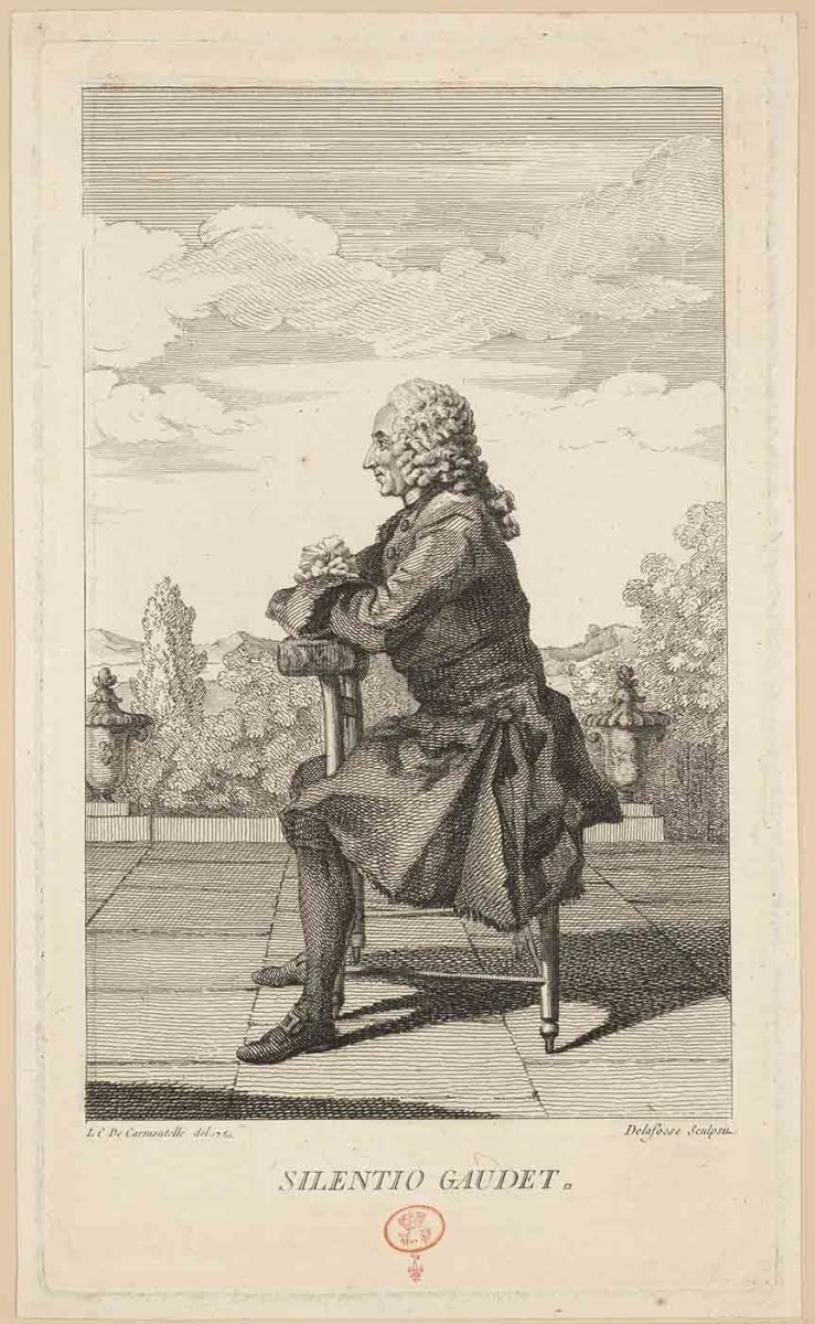 [Jean-Baptiste Durey de Meinières] ; Recueil de 27 gravures par ou d’après CARMONTELLE en taille-douce rassemblées dans un portefeuille en maroquin rouge estampée à chaud et à froid d’un décor de roulettes, aux armes des Orléans ; étiquette collée au contre-plat supérieur : Ex-libris A. Bérard n° 276., Jean Baptiste Delafosse, 1760 après