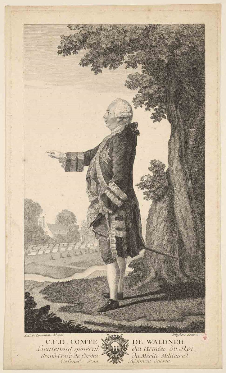 C.F.D. COMTE DE WALDNER / Lieutenant général des Armées du Roi ; Recueil de 27 gravures par ou d’après CARMONTELLE en taille-douce rassemblées dans un portefeuille en maroquin rouge estampée à chaud et à froid d’un décor de roulettes, aux armes des Orléans ; étiquette collée au contre-plat supérieur : Ex-libris A. Bérard n° 276., Jean Baptiste Delafosse, 1765-1783