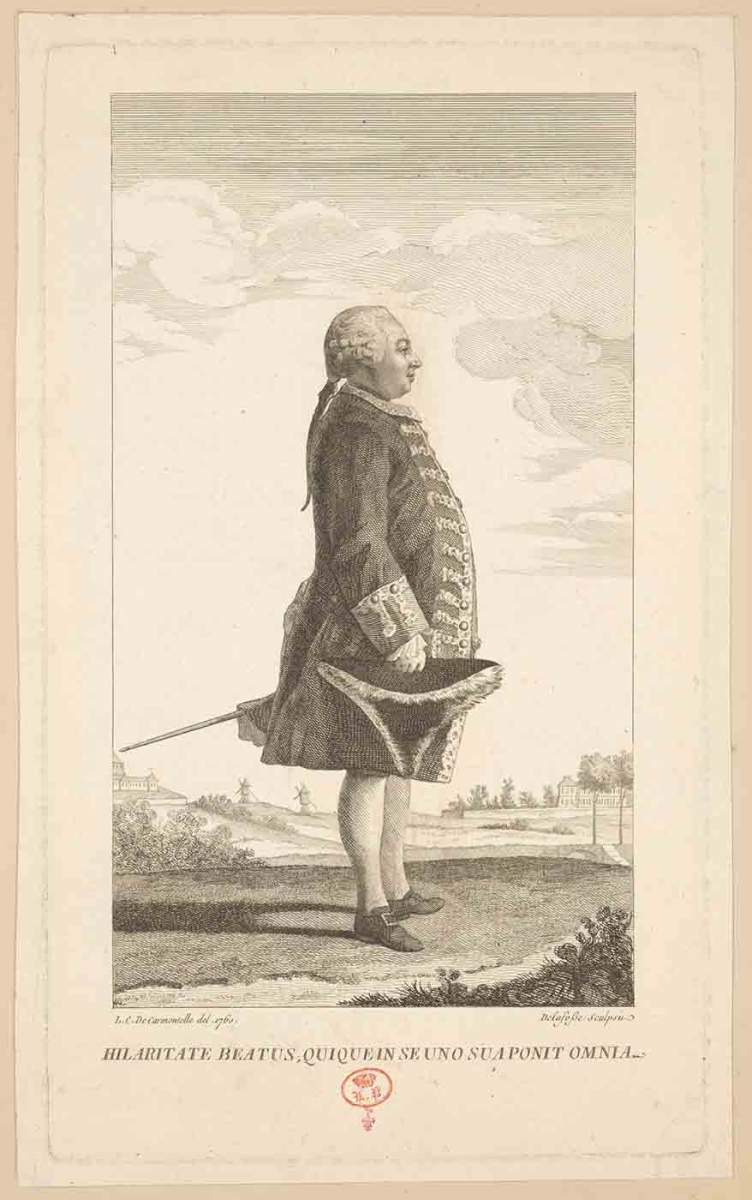 [Jean-Louis Durey de Meinières de Bourneville] ; Recueil de 27 gravures par ou d’après CARMONTELLE en taille-douce rassemblées dans un portefeuille en maroquin rouge estampée à chaud et à froid d’un décor de roulettes, aux armes des Orléans ; étiquette collée au contre-plat supérieur : Ex-libris A. Bérard n° 276., Jean Baptiste Delafosse