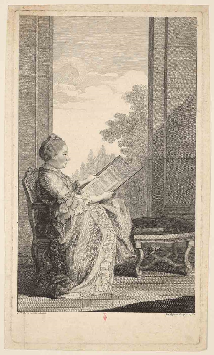 [portrait de la marquise de Voisenon] ; Recueil de 27 gravures par ou d’après CARMONTELLE en taille-douce rassemblées dans un portefeuille en maroquin rouge estampée à chaud et à froid d’un décor de roulettes, aux armes des Orléans ; étiquette collée au contre-plat supérieur : Ex-libris A. Bérard n° 276., Jean Baptiste Delafosse