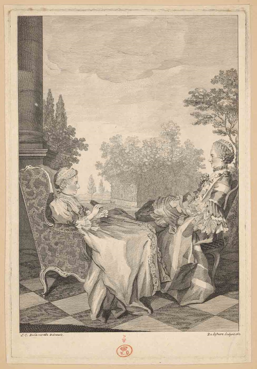 [Portrait de Hélène Moreau de Séchelles et de Marie-Marguerite Magon de La Lande] ; Recueil de 27 gravures par ou d’après CARMONTELLE en taille-douce rassemblées dans un portefeuille en maroquin rouge estampée à chaud et à froid d’un décor de roulettes, aux armes des Orléans ; étiquette collée au contre-plat supérieur : Ex-libris A. Bérard n° 276., Jean Baptiste Delafosse