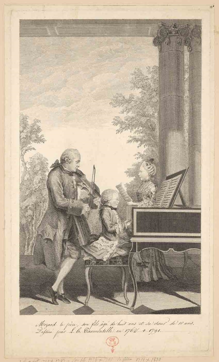 [portrait de Mozart enfant avec son père et sa soeur] ; Recueil de 27 gravures par ou d’après CARMONTELLE en taille-douce rassemblées dans un portefeuille en maroquin rouge estampée à chaud et à froid d’un décor de roulettes, aux armes des Orléans ; étiquette collée au contre-plat supérieur : Ex-libris A. Bérard n° 276._0