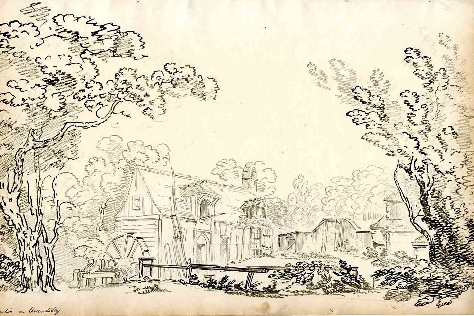 Vue du moulin du Hameau de Chantilly, John Claude Nattes