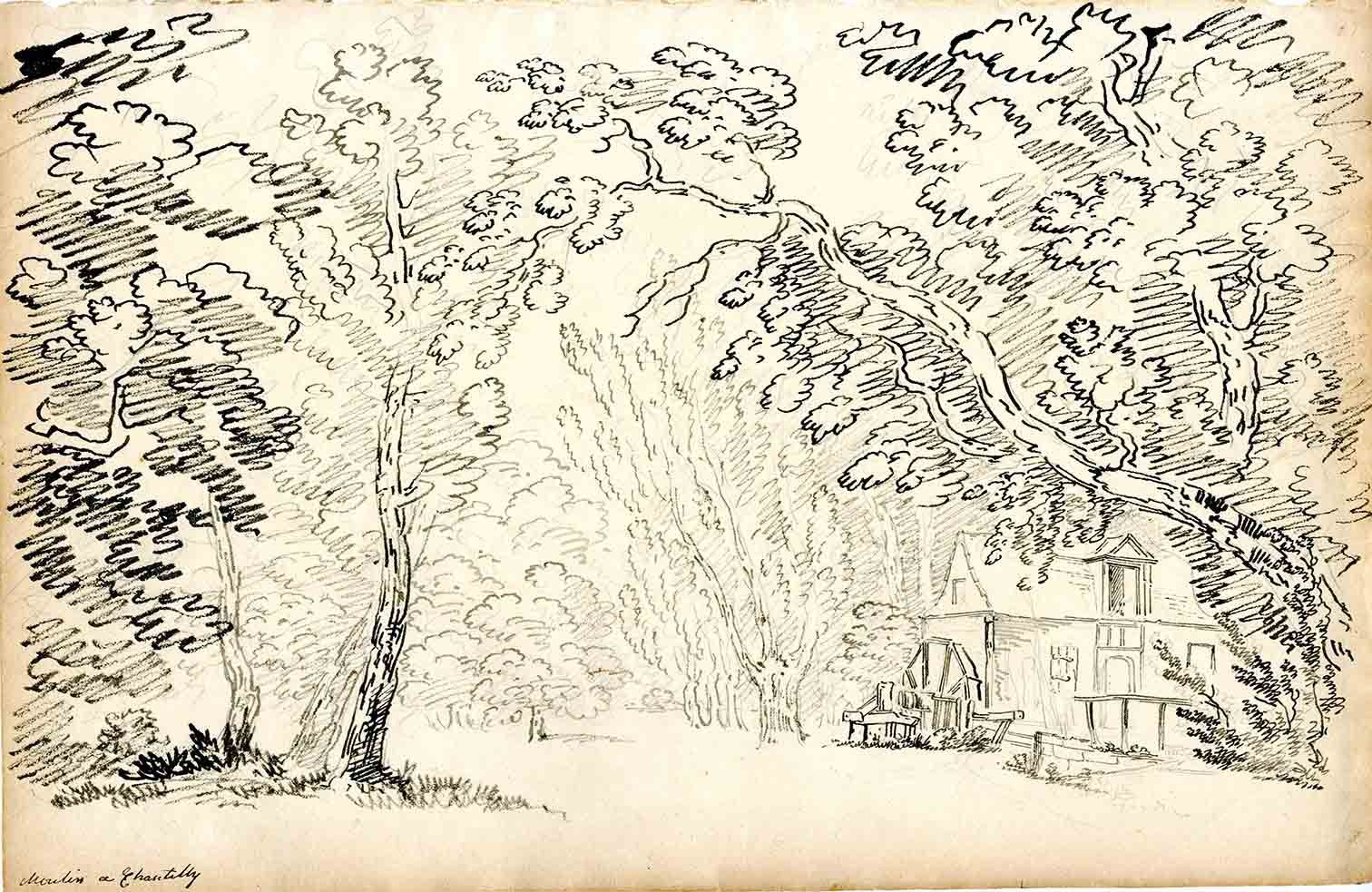 Vue du moulin du Hameau de Chantilly, John Claude Nattes