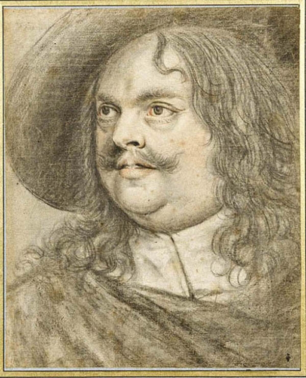 Portrait d’un gros homme tourné à gauche, coiffé d’un chapeau, les yeux en l’air, Nicolas Lagneau