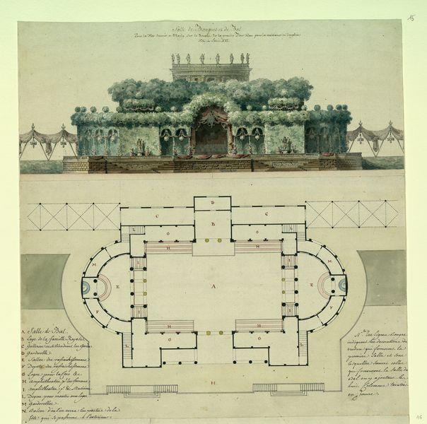 Salle de banquet et de bal pour la fête donnée à Marly pour la naissance du dauphin fils de Louis XVI. Elévation, plan et coupes_0