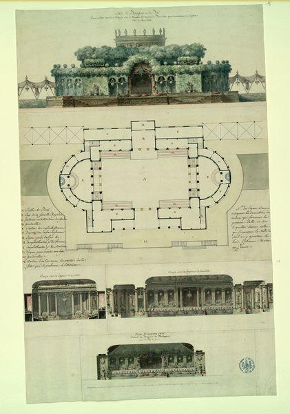 Salle de banquet et de bal pour la fête donnée à Marly pour la naissance du dauphin fils de Louis XVI. Elévation, plan et coupes_2