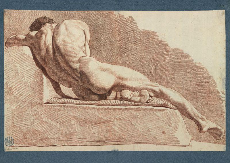 Etude de nu, couché sur le côté gauche, le bras gauche et le buste appuyés sur une pierre, la jambe gauche pliée de dos_0