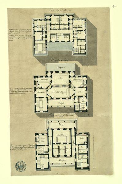 Plan de la maison de Monsieur de la Rivière, trésorier de Cayenne, bâtie au chef-lieu de la colonie. Plans du rez-de-chaussée, 1er et 2ème étages_0