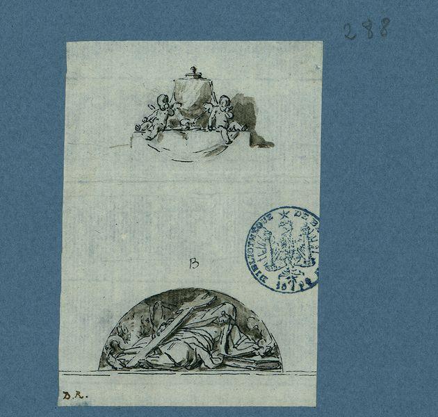 Pour le catafalque de la pompe funèbre de Marie-Thérèse à Notre-Dame de Paris : Deux motifs décoratifs allégoriques_0