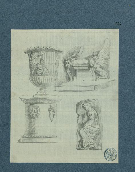 Antiquités : urne décorée sur piédestal, siège décoré de deux lions ailés, fragment de bas-relief représentant une femme_0