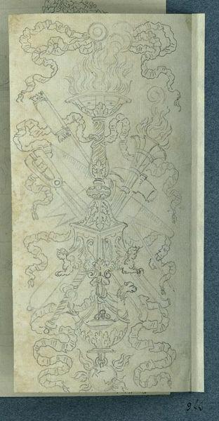Composition décorative sur le thème du feu : au centre un chandelier, se croisant derrière une fusée et un flambeau, des pinces, un marteau et une enclume de forgeron rubans_0