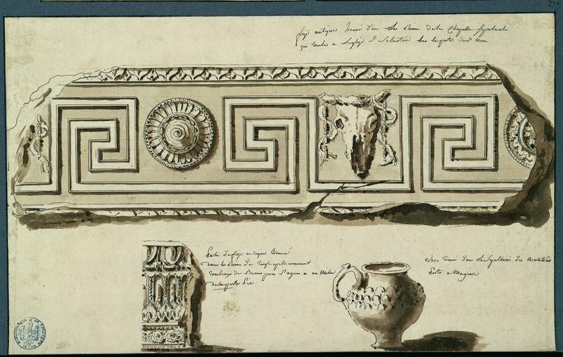 Frise antique trouvée dans les ruines de la chapelle sépulcrale qui touche à l'église Saint-Sébastien (fragment). Partie de frise trouvée dans les ruines d'un temple. Vase trouvé dans une sépulture_0
