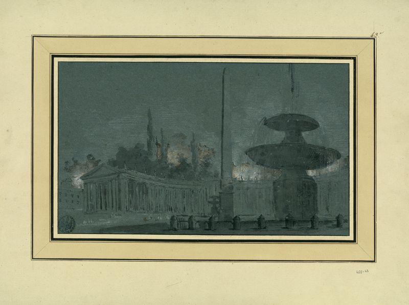 La place Saint-Pierre, à Rome : vue de l'une des branches de l'hémicycle avec les deux fontaines et l'obélisque au centre_0