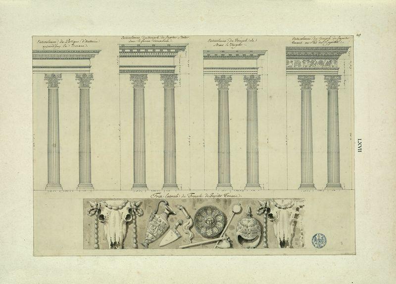 Les plus beaux exemples de l'ordre corinthien : entrecolonne du portique d'Antonin, entrecolonne du temple de Jupiter Stator, entrecolonne de Mars le Vengeur, entrecolonne du temple de Jupiter Tonnant. Frise latérale du temple de Jupiter Tonnant_0