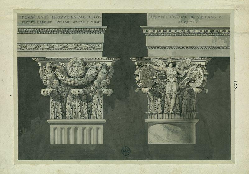 Deux entablements antiques trouvés l'un en 1774 près de l'Arc de Septime-Sévère à Rome, l'autre devant l'église de Saint-Pierre à Albano_0