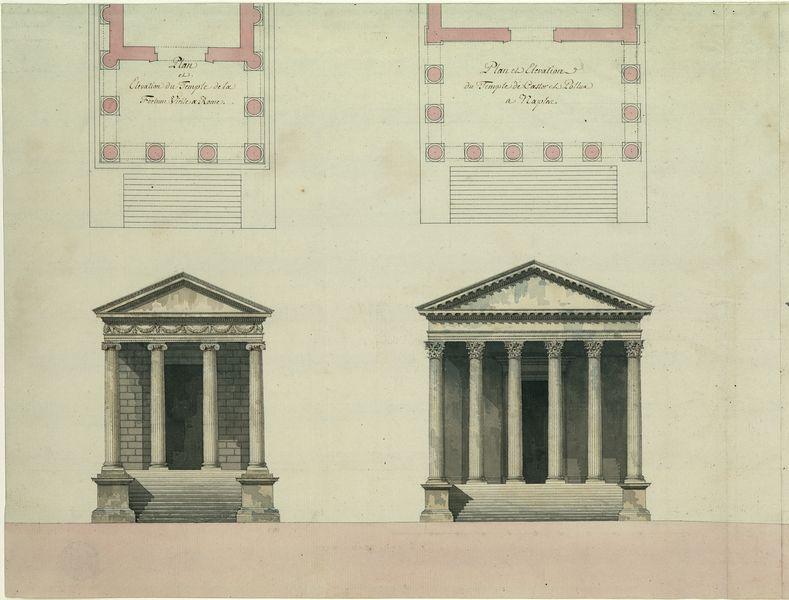 Cinq espèces de frontispices de temples avec plans : temple de la Fortune virile à Rome temple de Castor et Pollux à Naples temple de Jupiter Stator à Rome panthéon d'Adrien à Athènes temple de Jupiter sur le mont Quirinal à Rome_0