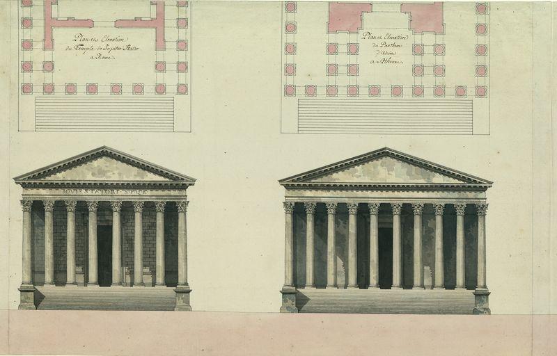 Cinq espèces de frontispices de temples avec plans : temple de la Fortune virile à Rome temple de Castor et Pollux à Naples temple de Jupiter Stator à Rome panthéon d'Adrien à Athènes temple de Jupiter sur le mont Quirinal à Rome_1