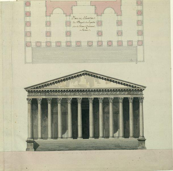 Cinq espèces de frontispices de temples avec plans : temple de la Fortune virile à Rome temple de Castor et Pollux à Naples temple de Jupiter Stator à Rome panthéon d'Adrien à Athènes temple de Jupiter sur le mont Quirinal à Rome_2