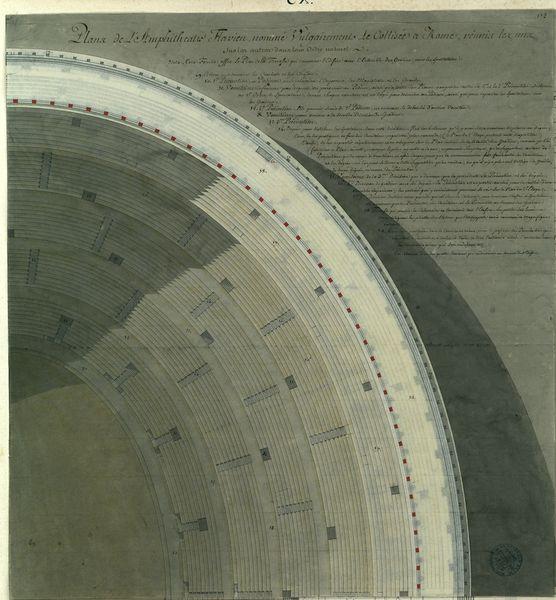 Plans de l'amphithéâtre Flavien nommé vulgairement le Colisée à Rome réunis les uns sur les autres dans leur ordre naturel : plan de la terrasse qui couronne l'édifice avec l'ensemble des gradins pour les spectateurs_0
