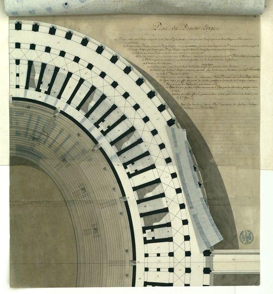 Plans de l'amphithéâtre Flavien nommé vulgairement le Colisée à Rome réunis les uns sur les autres dans leur ordre naturel : plan de la galerie qui couronnait l'amphithéâtre et qui renfermait la dernière division de gradins plan du quatrième étage plan du troisième étage plan du second étage plan du premier étage plan du rez-de-chaussée_5