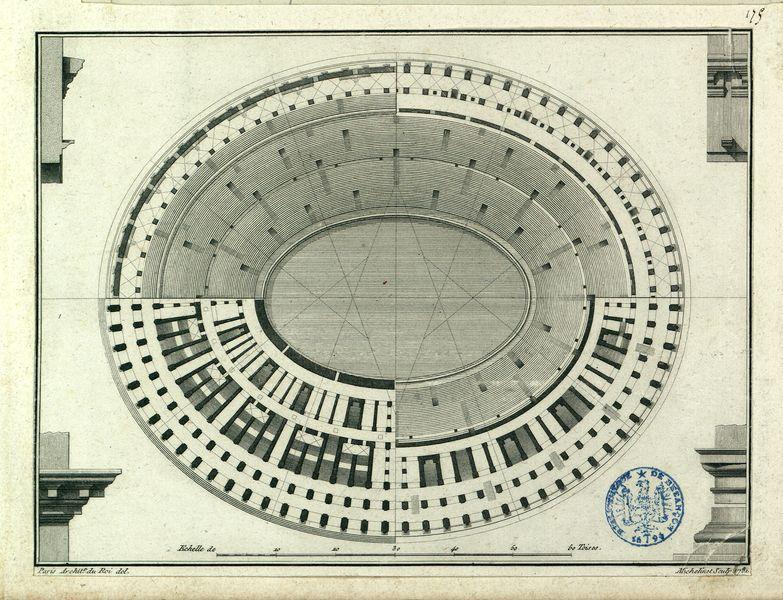 Coupe du Colisée, vue du dessus. Aux quatre coins : coupes de détails de colonnes_0