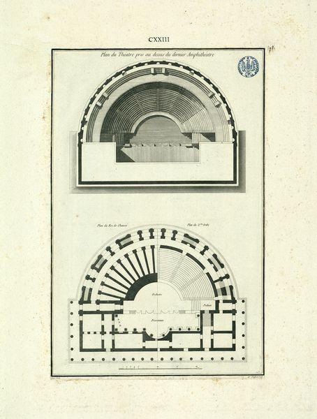 Théâtre d'Herculanum : plan du théâtre pris au-dessus du dernier amphithéâtre ; plan du rez-de-chaussée et plan du 2e ordre en une seule coupe séparée en deux_0