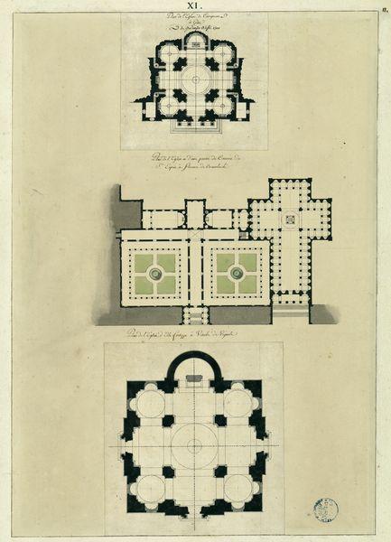 Plan de l'église de Carignan à Gênes. Plan de l'église et d'une partie du couvent du Saint-Esprit à Florence. Plan de l'église delle Fortezze à Viterbe_0