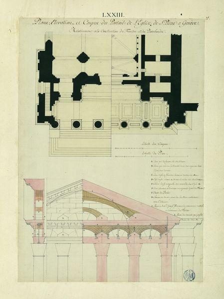 Plans, élévation et coupes du portail de l'église de Saint-Pierre à Genève, relativement à la construction du fronton et des plates-bandes_0