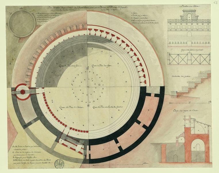 Plan, élévation, coupe et détails de l'amphithéâtre élevé sur les ruines du tombeau d'Auguste_0