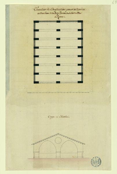 Chantier de construction pour les navires de l'Etat hors de la Porte Portèse, sur le bord du Tibre à Rome : coupe et élévation_0