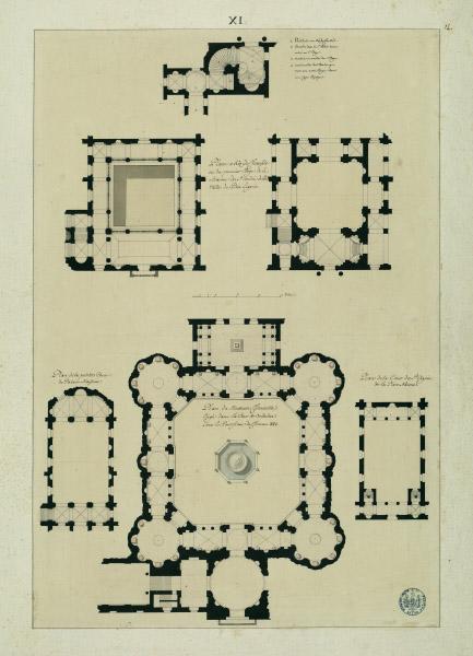 Différents plans de cours de palais de Rome : [1] plans du rez-de-chaussée et du 1er étage de la maison de Sant'Andrea della Valle, de Pirro Ligorio (3 plans) [2] plan de la petite cour du palais Massimi [3] plan du Muséum Clémentin érigé dans la cour du Belvédère sous le pontificat de Clément XIV [4] plan de la cour de Sainte-Agnès de la place Navone_0