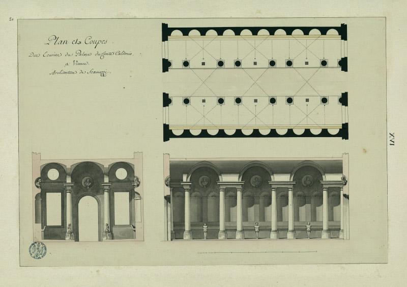 Plan et coupes des écuries du palais du comte Caldonio à Vicence, architecture de Scamozzi_0