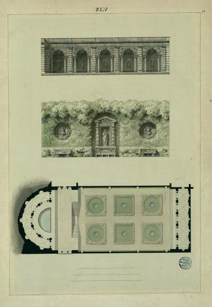 Plan du petit jardin de la villa Mondragone à Frascati (flanquée de deux portiques). Registre supérieur : élévation d'un des portiques. Registre moyen : élévation d'une charmille_0