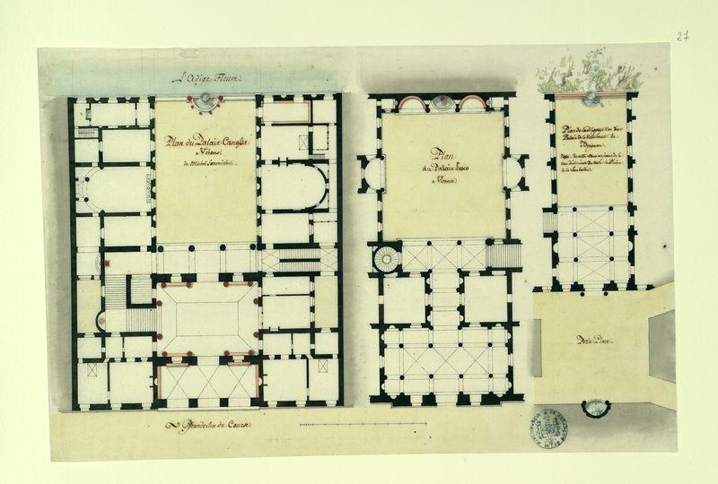 Plan du palais Canossa à Vérone. Plan du palais Loschi à Vicence. Plan de la disposition d'un palais de la ville haute à Bergame_0