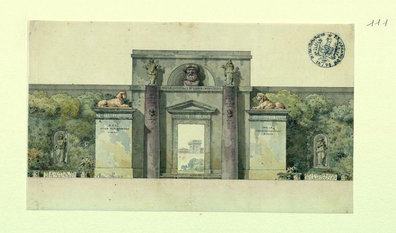 Porte de jardin décorée d'antiquités, à la villa Aldobrandini_0