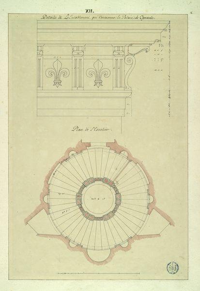 Palais de Caprarola : détail de l'entablement et plan de l'escalier_0