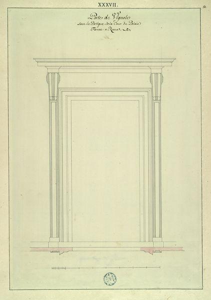 Porte de Vignole sous le portique de la cour du palais Farnèse à Rome : élévation et plan_0
